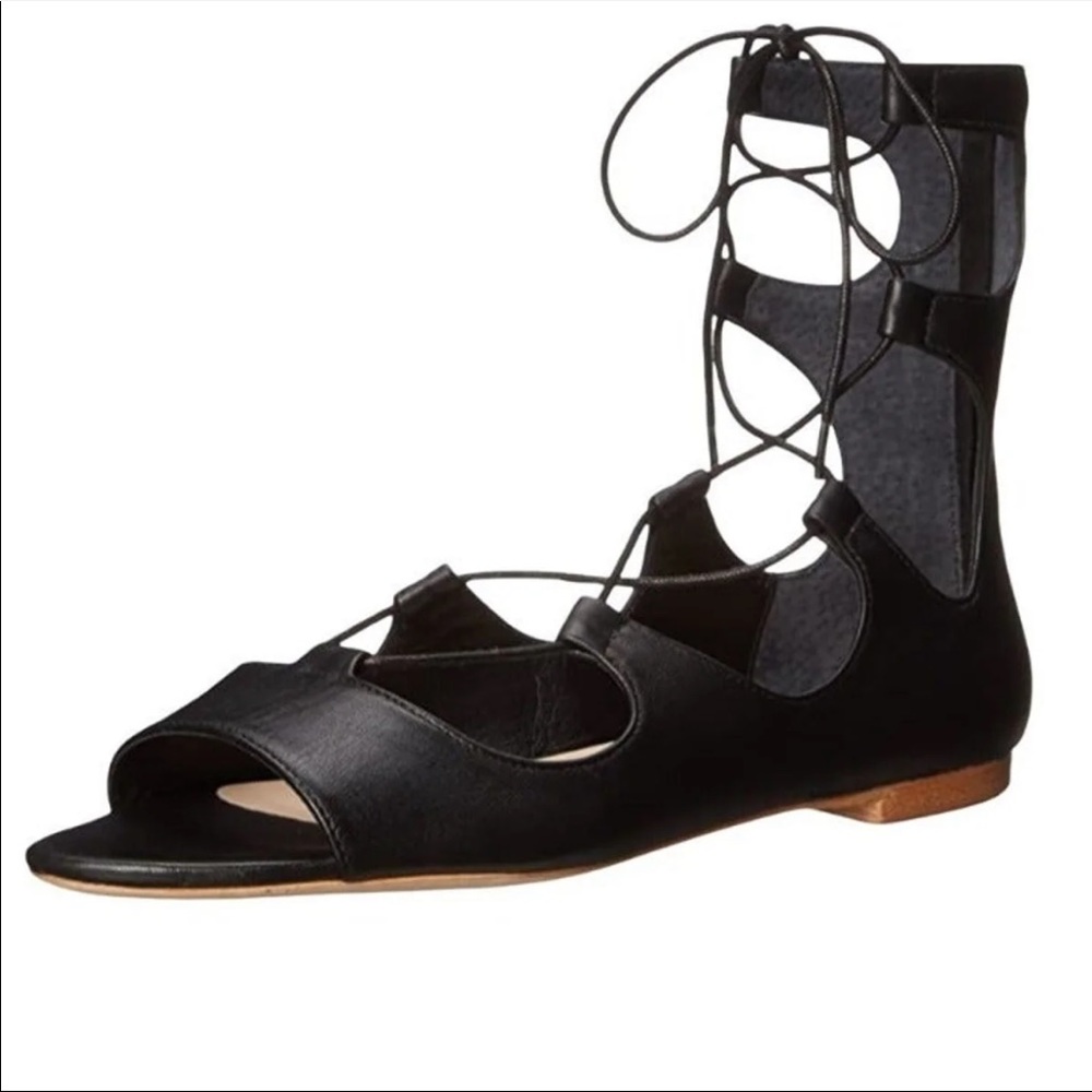 Loeffler Randall Dani Open-toe Black leather Gladiator Ballerina flat size 8